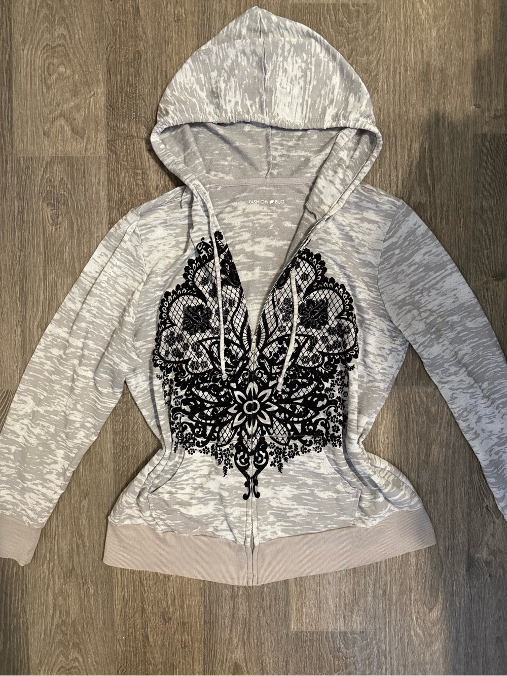 Fashion Bug Women's Y2K Hooded Zip-Up Jacket with Black Lace Motif